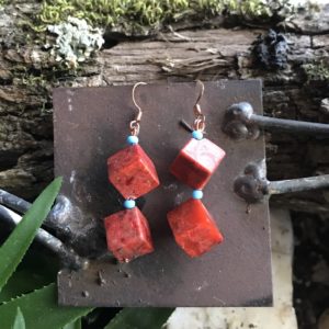 Red Stone Cube Earrings